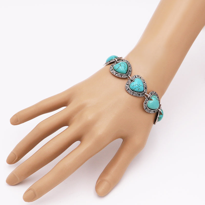 Cowgirl Chic Concho Design Western Turquoise Semi Precious Howlite Stone Toggle Clasp Bracelet, 7.75"-8.5" (Heart Stone)