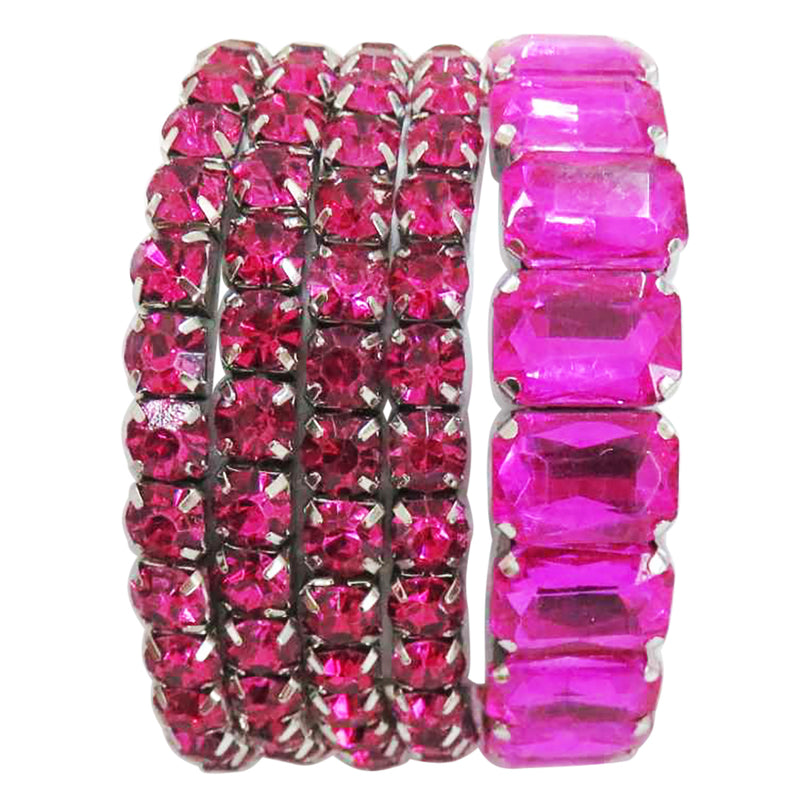 Stunning Statement Set Of 5 Colorful Crystal Rhinestone Stretch Bracelets, 6.75" (Fuchsia Pink Crystal Silver Tone)