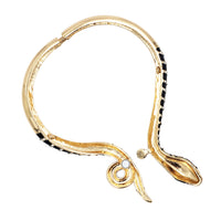 Stunning Gold Tone With Black Enamel And Crystal Rhinestones Serpent Snake Hinged Back Statement Choker Necklace Earring Gift Set, 14"