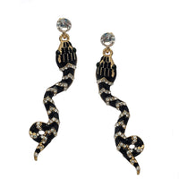 Stunning Gold Tone With Black Enamel And Crystal Rhinestones Serpent Snake Hinged Back Statement Choker Necklace Earring Gift Set, 14"