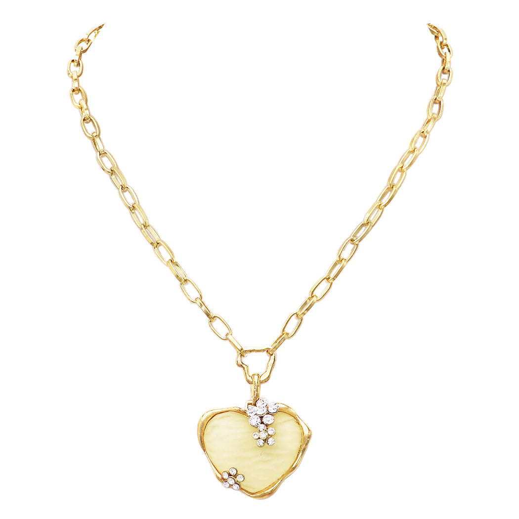 Stunning Polished Gold Tone Crystal Heart Pendant Necklace, 16"-18" with 2" Extender (Large Buttercream Color Heart With Flower Crystals)