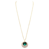 Brilliant Round Emerald Green Color and Rhinestone Long Statement Crystal Pendant Necklace, 28.5"