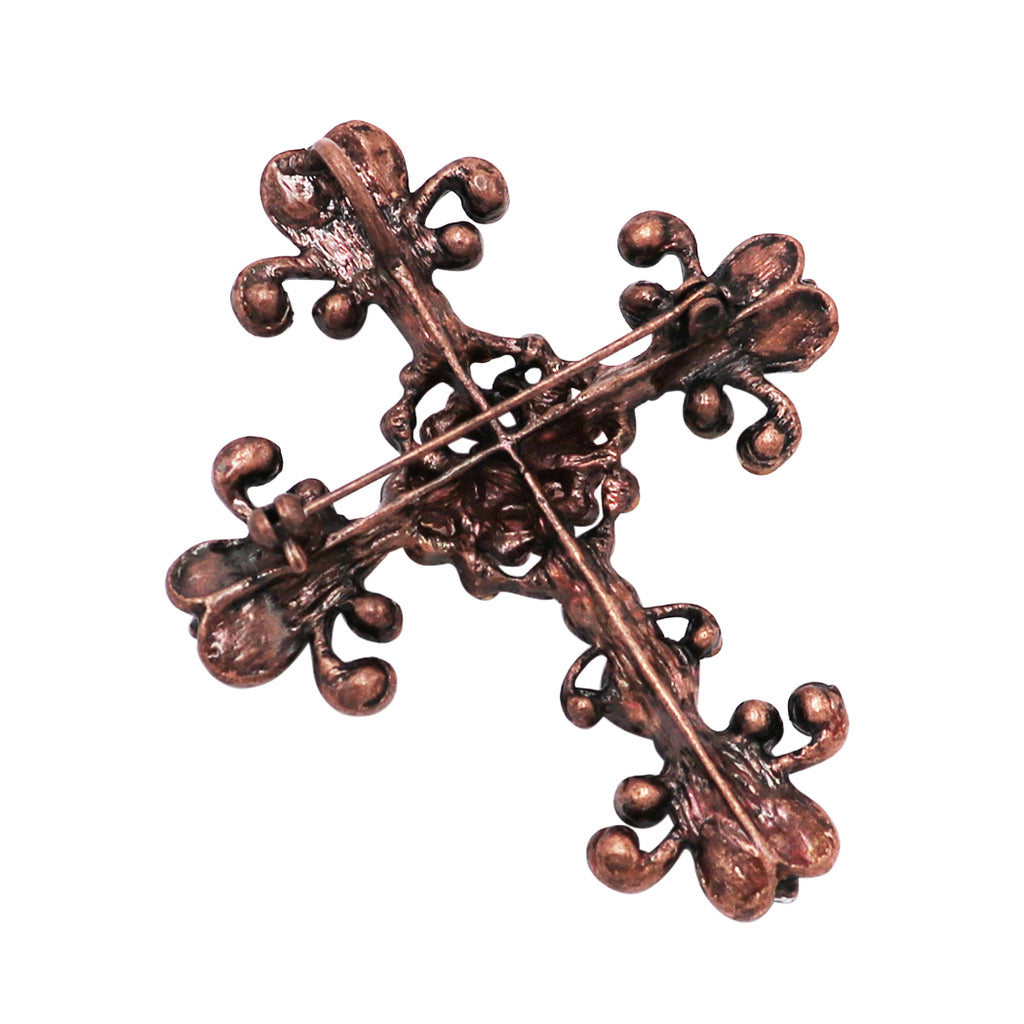 Vintage Vibes Stunning Red Crystal Rhinestone Copper color tone Christian Cross Brooch, 2.75