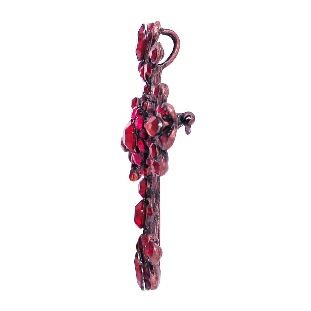 Vintage Vibes Stunning Red Crystal Rhinestone Copper color tone Christian Cross Brooch, 2.75