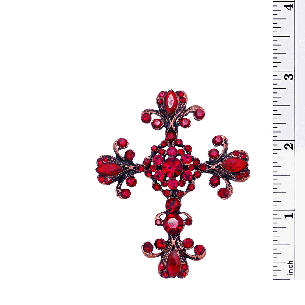 Vintage Vibes Stunning Red Crystal Rhinestone Copper color tone Christian Cross Brooch, 2.75