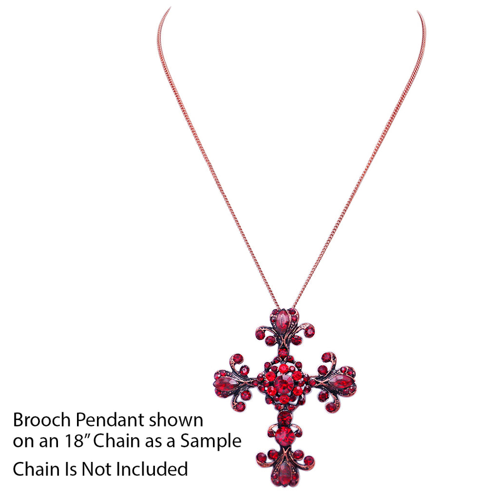 Vintage Vibes Stunning Red Crystal Rhinestone Copper color tone Christian Cross Brooch, 2.75