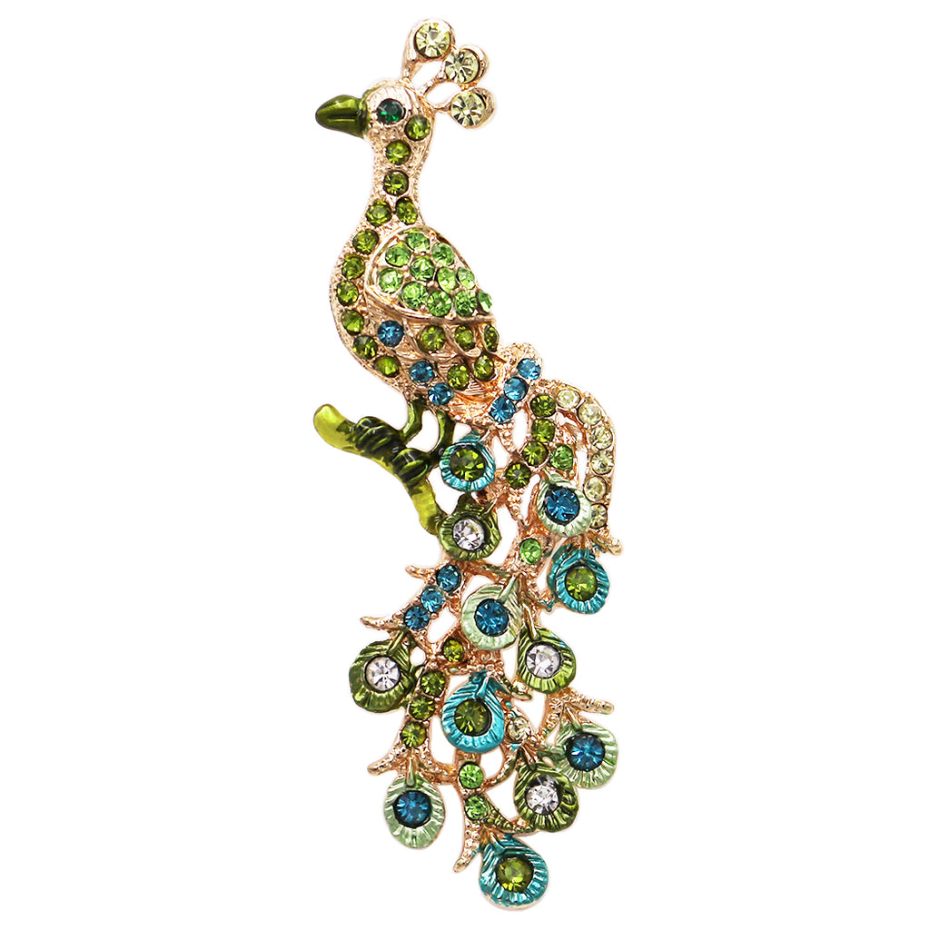 Stunning Pave Crystal Colorful Peacock Bird Statement Brooch Pin (Gold Tone Blue Green Crystal, 3.25")