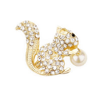 Sparkling Crystal Rhinestone Pave Squirrel Faux Pearl Nut Statement Brooch Lapel Pin, 1"