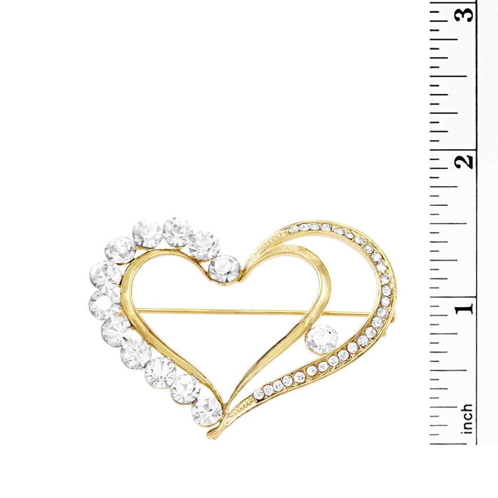Queen Of Hearts Sparkling Glass Crystal Rhinestone Heart Brooch Pin, 2" (Clear Crystal Gold Tone)