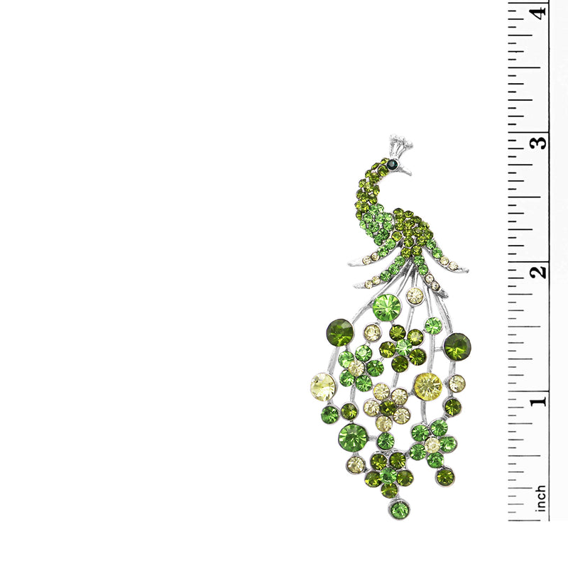 Stunning Pave Crystal Colorful Peacock Bird Statement Brooch Pin (Silver Tone Green Crystals, 3")