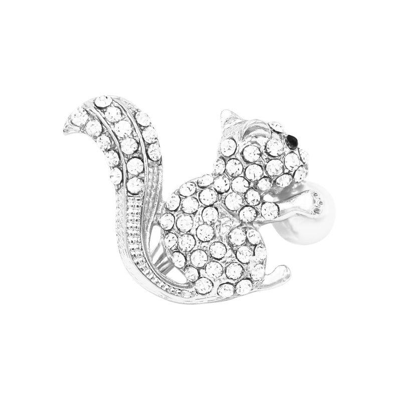 Sparkling Crystal Pave Rhinestone Squirrel With Faux Pearl Nut Statement Brooch Lapel Pin, 1" (Silver Tone)
