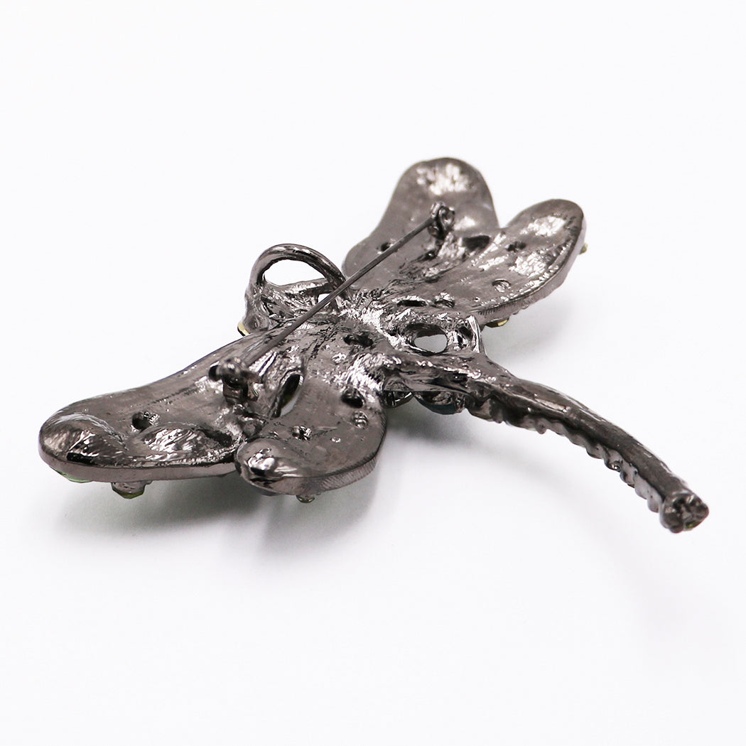 Enchanted Sparkling Glass Crystal Dragonfly Brooch Pendant, 3.25" (Green Crystal Hematite Tone Frame)
