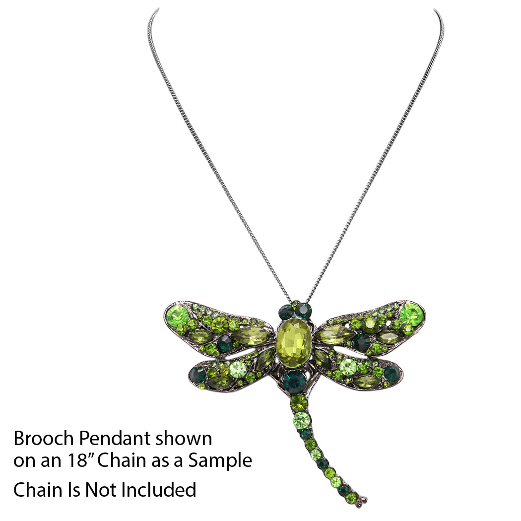 Enchanted Sparkling Glass Crystal Dragonfly Brooch Pendant, 3.25" (Green Crystal Hematite Tone Frame)