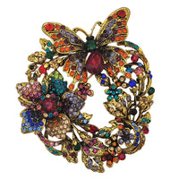 Statement Size Vintage Vibes Colorful Pave Crystal Flower And Butterfly Large Gold Tone Brooch With Pendant Loop, 3.5"