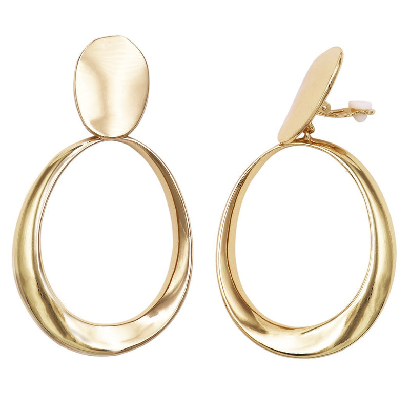 Statement Metal Disc Oval Twist Hoop Dangle Clip on Style Earrings (Gold Tone)