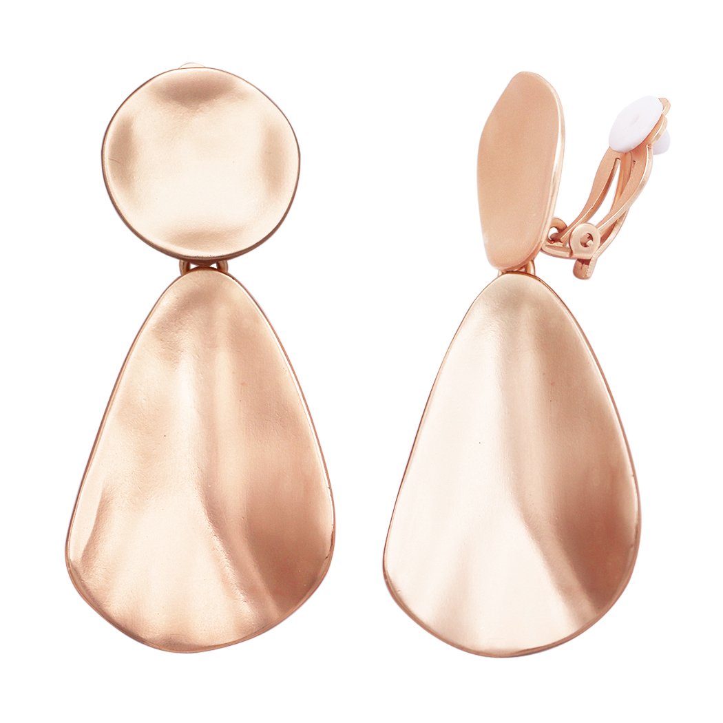 Matte Metal Wave Statement Dangle Clip On Style Earrings, 2.5" (Matte Rose Gold)