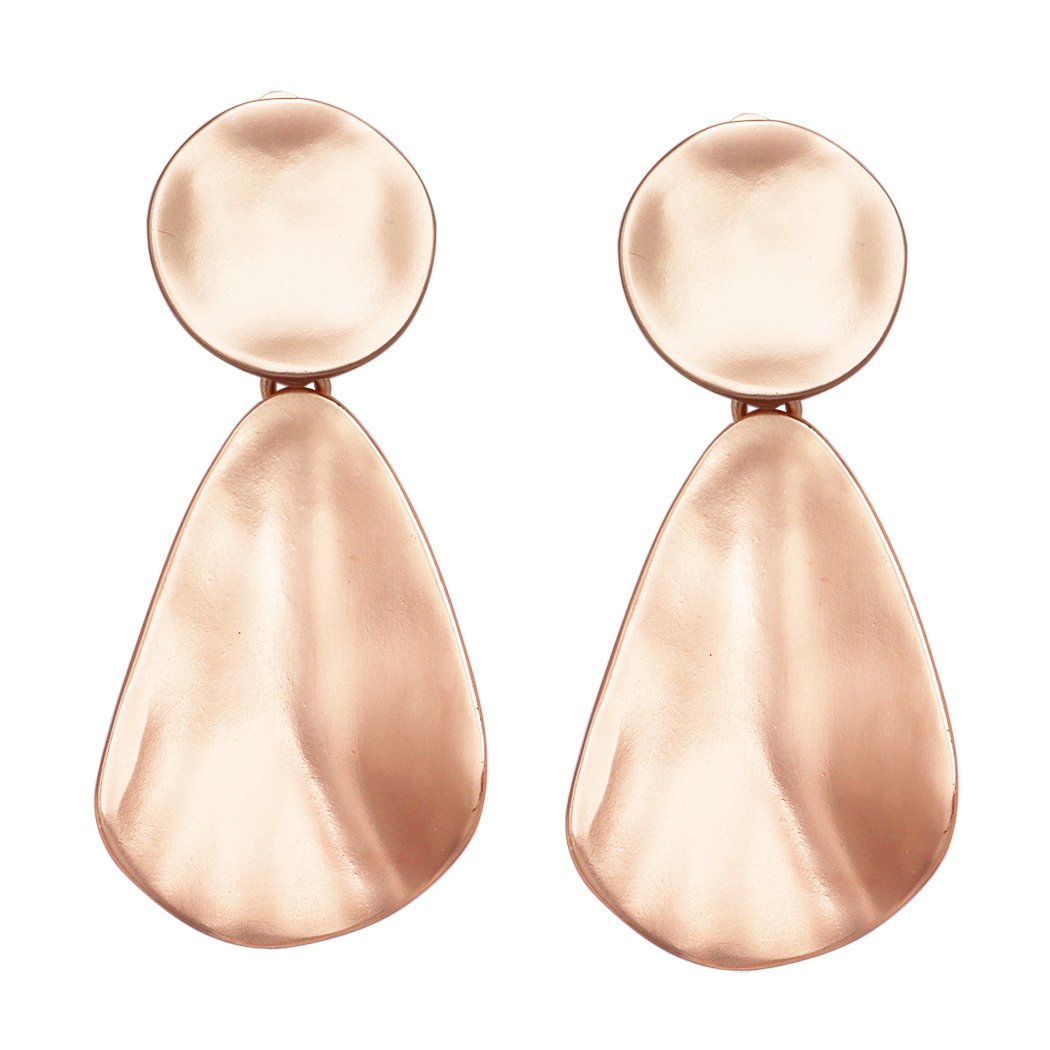 Matte Metal Wave Statement Dangle Clip On Style Earrings, 2.5" (Matte Rose Gold)