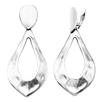 Statement Matte Hammered Metal Teardrop Hoop Dangle Clip on Style Earrings, 3.5" (Polished Silver Tone)