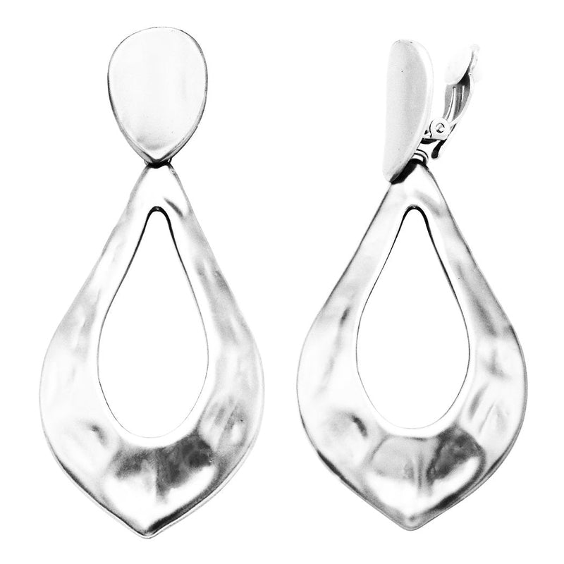 Statement Matte Hammered Metal Teardrop Hoop Dangle Clip on Style Earrings, 3.5" (Polished Silver Tone)