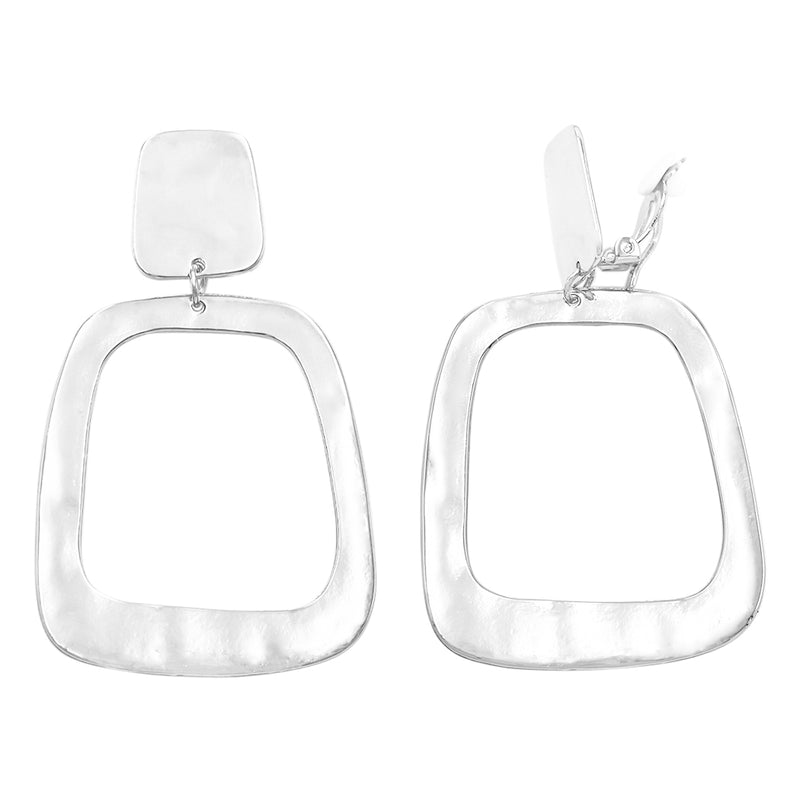 Polished Metal Squared Geometric Open Hoop Statement Clip On Earring, 3.12 (Silver Tone)