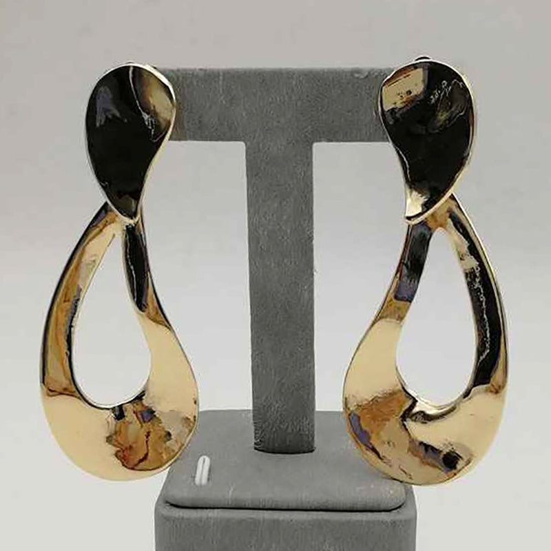 Sleek Curved Metal Teardrop Hoop Dangle Clip Earrings, 3.25" (Polished Gold Tone)