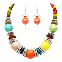 Colorful Boho Bauble Glass and Wood Beaded Bib Necklace Drop Earring Jewelry Gift Set