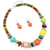 Colorful Boho Bauble Glass and Wood Beaded Bib Necklace Drop Earring Jewelry Gift Set