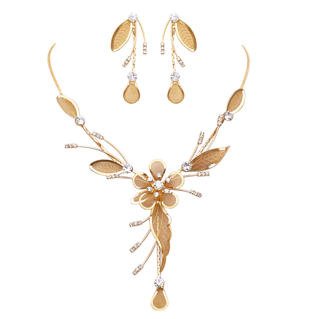 Stunning Floral Statement Dangling Necklace and Earring Set (Gold)
