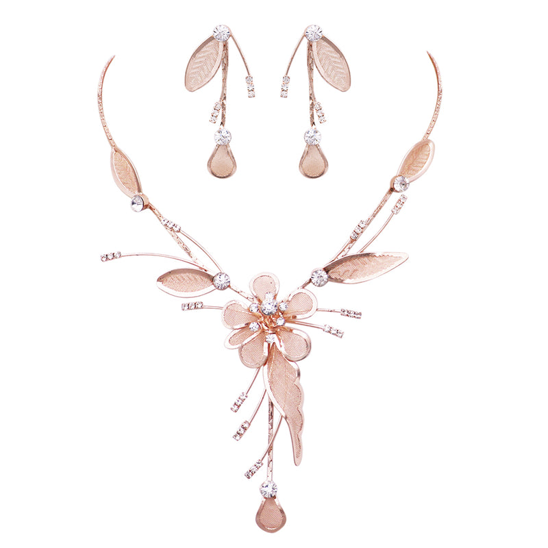 Stunning Floral Statement Dangling Necklace and Earring Set (Rose Gold)