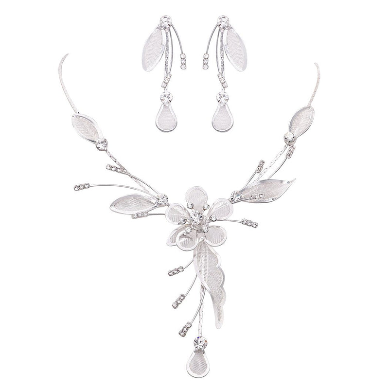 Stunning Floral Statement Dangling Necklace and Earring Set (Silver)