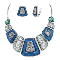 Stunning Statement Aztec Enamel Resin Collar Necklace Clip On Earrings Set, 14"-17" with 3" Extender (Clip On Style Earring)