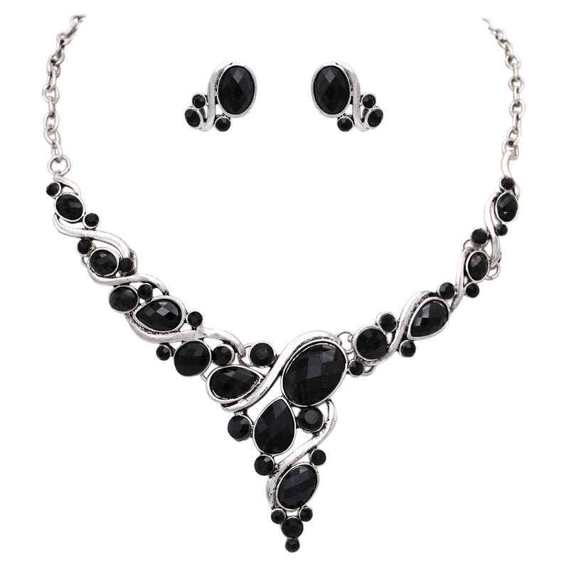 Black Oval Crystal Rhinestone Deep V Necklace and Earrings Statement Jewelry Set