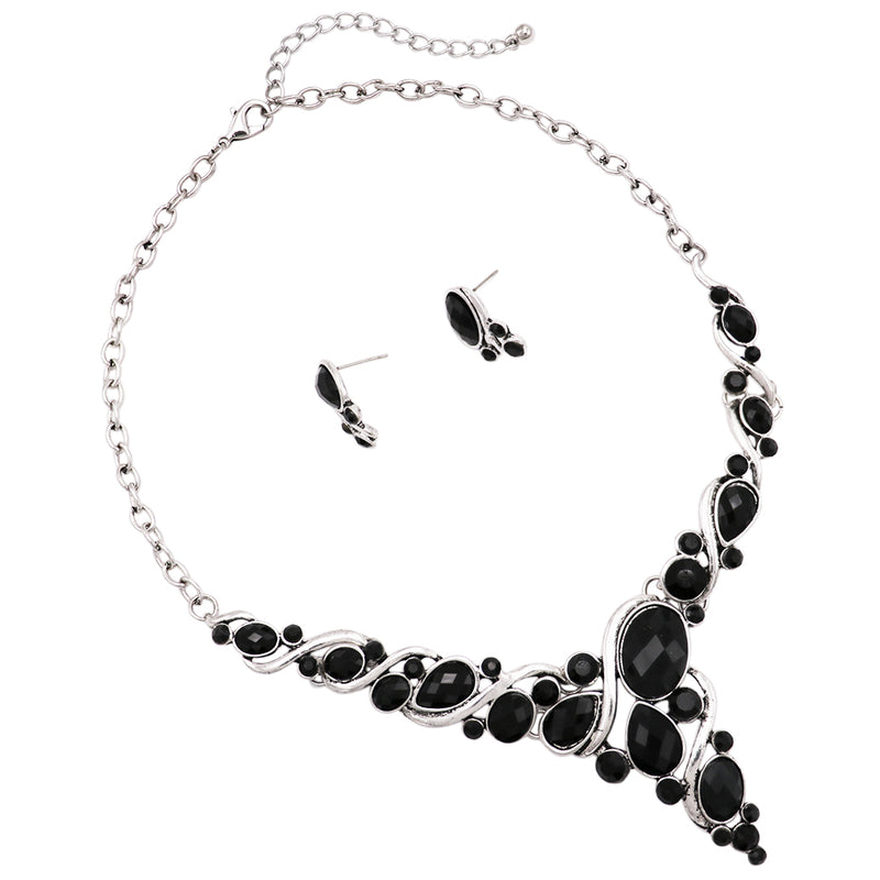 Black Oval Crystal Rhinestone Deep V Necklace and Earrings Statement Jewelry Set