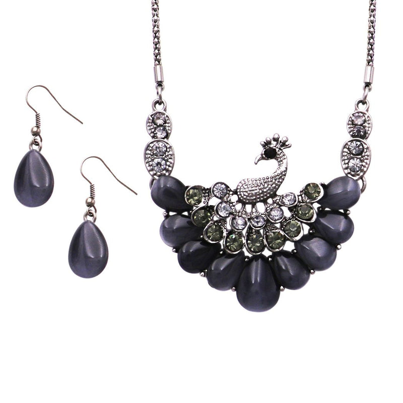 Stunning Resin and Crystal Rhinestone Peacock Necklace and Earrings Set (Black/Hematite)