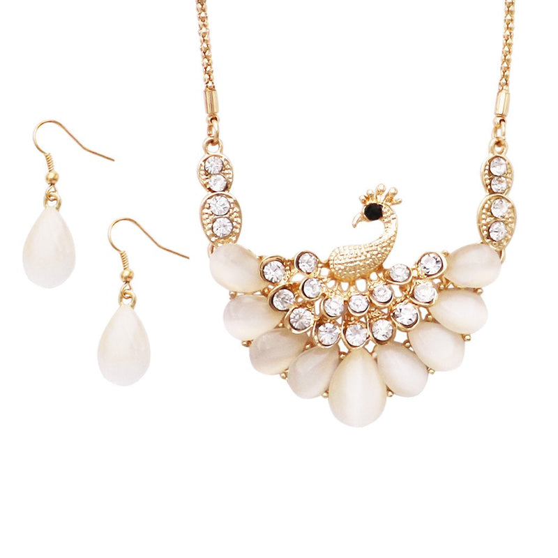 Stunning Resin and Crystal Rhinestone Peacock Necklace and Earrings Set (White/Gold Tone)