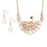 Stunning Resin and Crystal Rhinestone Peacock Necklace and Earrings Set (White/Gold Tone)