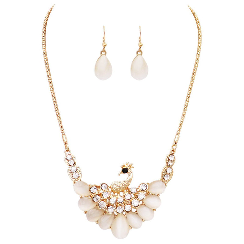 Stunning Resin and Crystal Rhinestone Peacock Necklace and Earrings Set (White/Gold Tone)