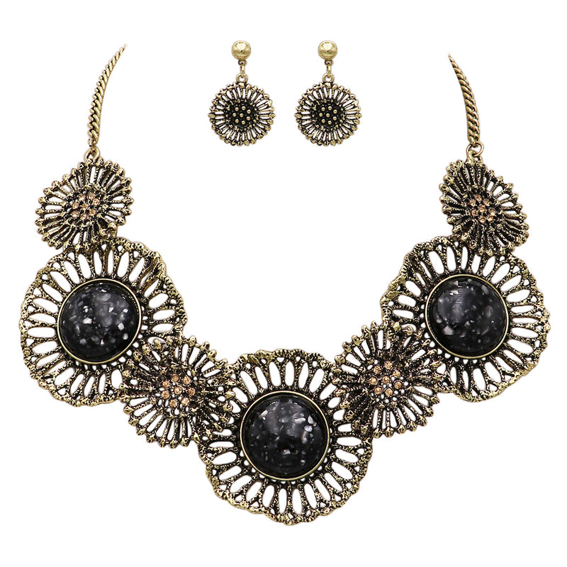 Rosemarie Collections Women’s Stunning Victorian Elegance Burnished Gold Tone 3D Resin Stone Flower Collar Necklace Earrings Set, 18"+3" Extender