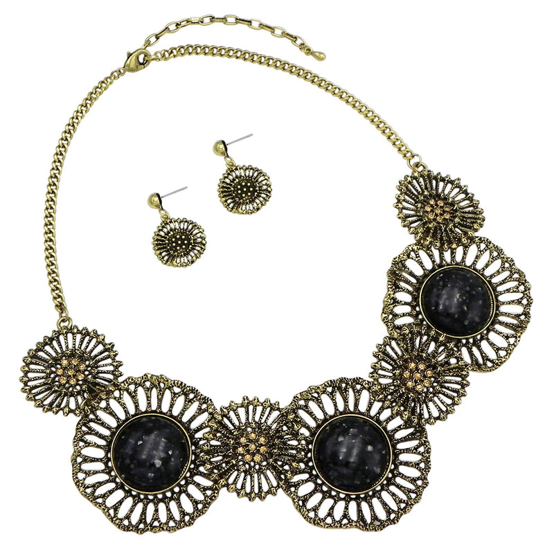 Rosemarie Collections Women’s Stunning Victorian Elegance Burnished Gold Tone 3D Resin Stone Flower Collar Necklace Earrings Set, 18"+3" Extender