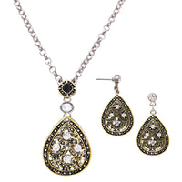 Crystal Rhinestone Accented 2 Tone Teardrop Statement Necklace Earrings Set