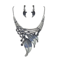 Unbe-leaf-ably Stunning Crystal Accented Textured Metal Leaf Statement Necklace Earrings Set, 14"+3" Extender (Midnight Blue Leaf Montana Blue Crystal Hematite Tone)