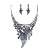 Unbe-leaf-ably Stunning Crystal Accented Textured Metal Leaf Statement Necklace Earrings Set, 14"+3" Extender (Midnight Blue Leaf Montana Blue Crystal Hematite Tone)