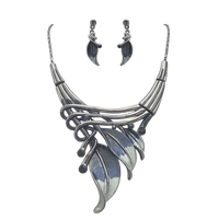 Unbe-leaf-ably Stunning Crystal Accented Textured Metal Leaf Statement Necklace Earrings Set, 14"+3" Extender (Midnight Blue Leaf Montana Blue Crystal Hematite Tone)