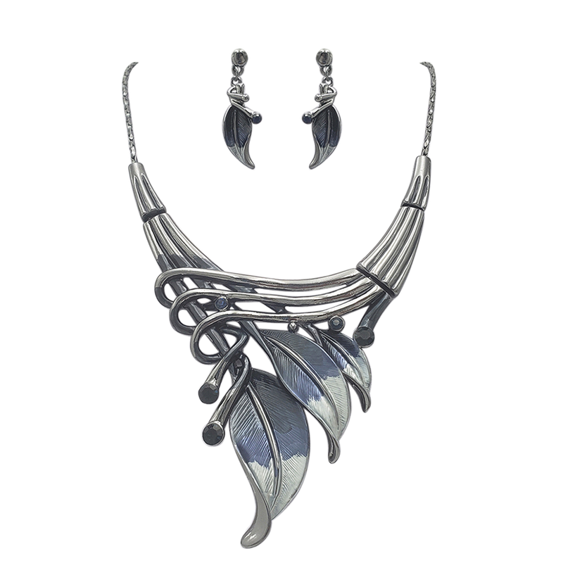 Unbe-leaf-ably Stunning Crystal Accented Textured Metal Leaf Statement Necklace Earrings Set, 14"+3" Extender (Midnight Blue Leaf Montana Blue Crystal Hematite Tone)