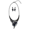 Unbe-leaf-ably Stunning Crystal Accented Textured Metal Leaf Statement Necklace Earrings Set, 14"+3" Extender (Midnight Blue Leaf Montana Blue Crystal Hematite Tone)