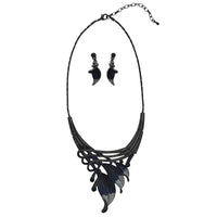 Unbe-leaf-ably Stunning Crystal Accented Textured Metal Leaf Statement Necklace Earrings Set, 14"+3" Extender (Midnight Blue Leaf Montana Blue Crystal Hematite Tone)