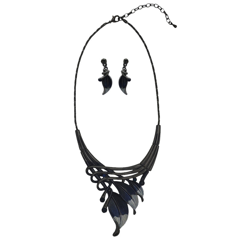Unbe-leaf-ably Stunning Crystal Accented Textured Metal Leaf Statement Necklace Earrings Set, 14"+3" Extender (Midnight Blue Leaf Montana Blue Crystal Hematite Tone)