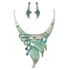 Unbe-leaf-ably Stunning Crystal Accented Textured Metal Leaf Statement Necklace Earrings Set, 14"+3" Extender (Aqua Leaf Blue Crystal Polished Silver Tone)