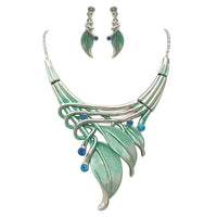 Unbe-leaf-ably Stunning Crystal Accented Textured Metal Leaf Statement Necklace Earrings Set, 14"+3" Extender (Aqua Leaf Blue Crystal Polished Silver Tone)