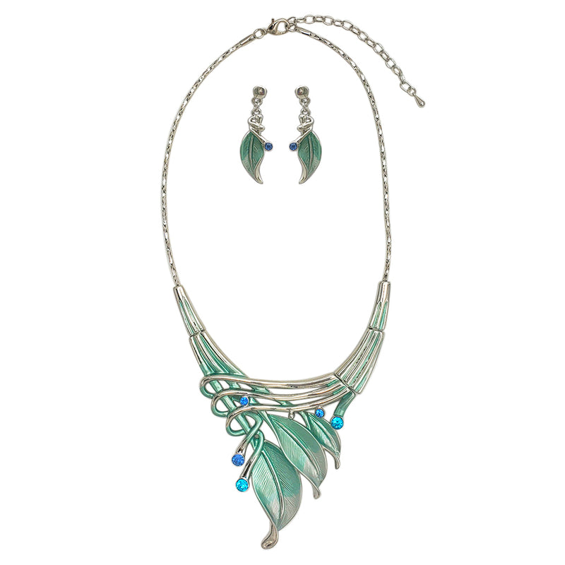 Unbe-leaf-ably Stunning Crystal Accented Textured Metal Leaf Statement Necklace Earrings Set, 14"+3" Extender (Aqua Leaf Blue Crystal Polished Silver Tone)